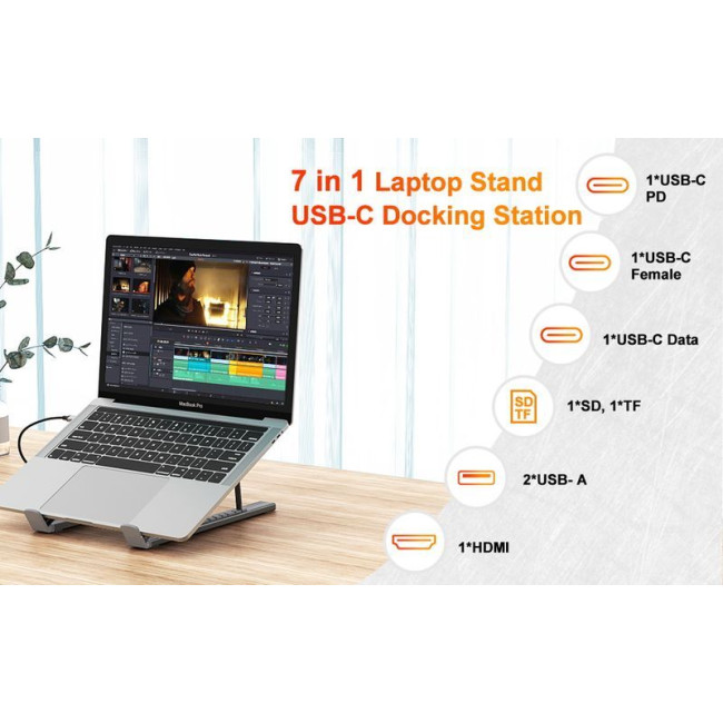 Док станція USB-C 7-в-1 (HDMI/PD/картридер/USB-A / USB-C), алюміній