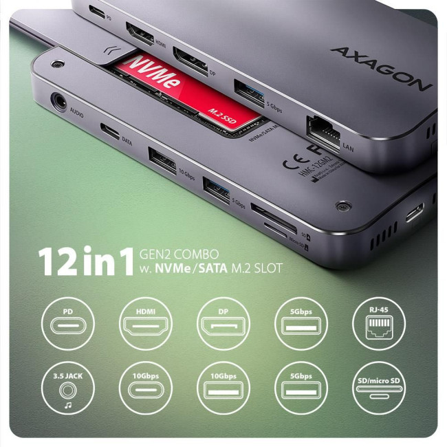 Хаб концентратор AXAGON HMC-12GM2 USB-C 10 Гбіт/с GEN2COMBO 12-в-1 PD 100W, Сірий