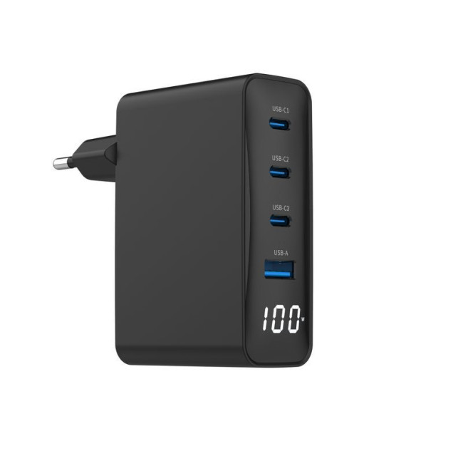 Мережевий ЗП, 1xUSB-A (QC3.0 30W)+3xType-C (PD 100W), чорний