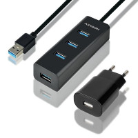Хаб AXAGON HUE-S2BP USB3.0 CHARGING hub, 1.2м кабель, MicroUSB зарядка, Чорний