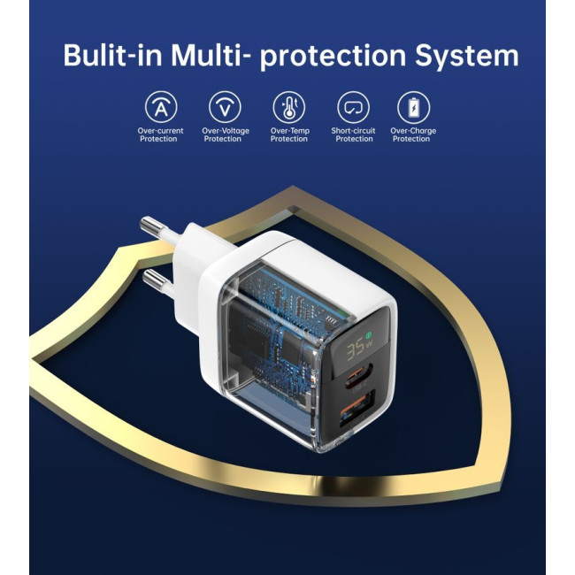 Мережевий зарядний пристрій, GaN, USB-A/USB-C, 35Вт, QC3.0/PD/PPS