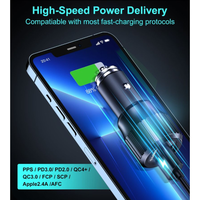 Автомобільний зарядний пристрій, USB-A/USB-C, 63Вт, QC3.0/PD/PPS, чорний