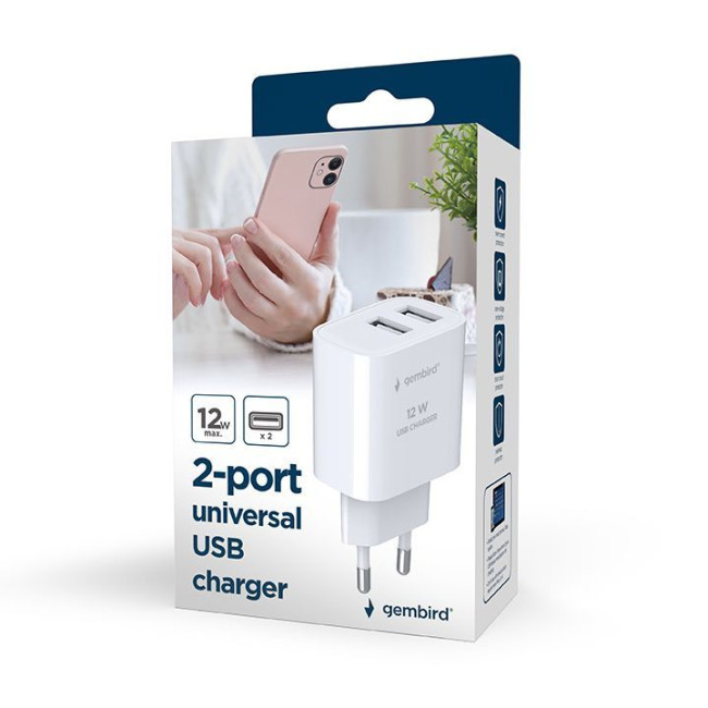 Мережевий ЗП, 2 USB-A 5V/2.4A (12W), білий