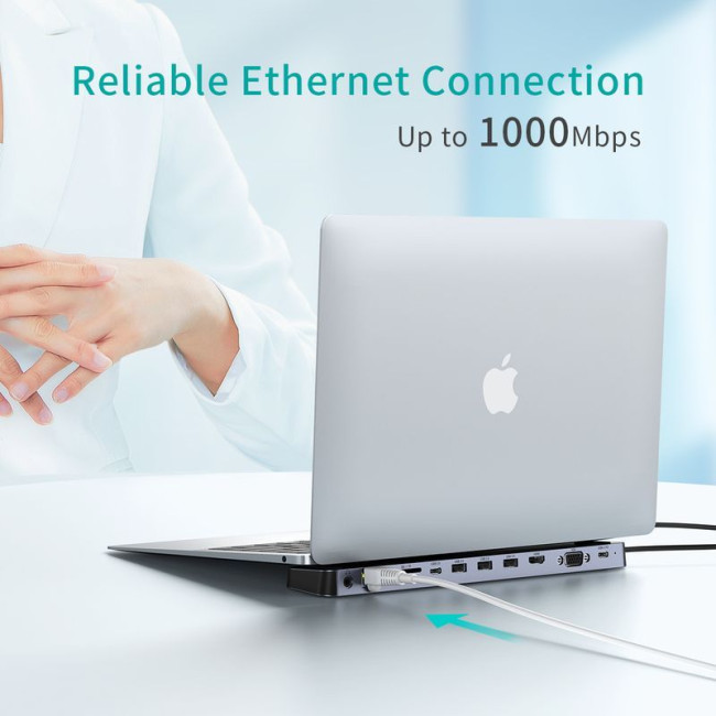 Док станція USB-C 11-в-1 (HDMI/VGA/LAN/картридер/USB-A/USB-C/Audio), алюміній