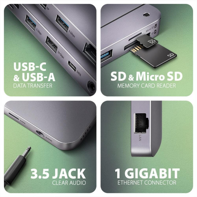 Хаб концентратор AXAGON HMC-12GM2 USB-C 10 Гбіт/с GEN2COMBO 12-в-1 PD 100W, Сірий