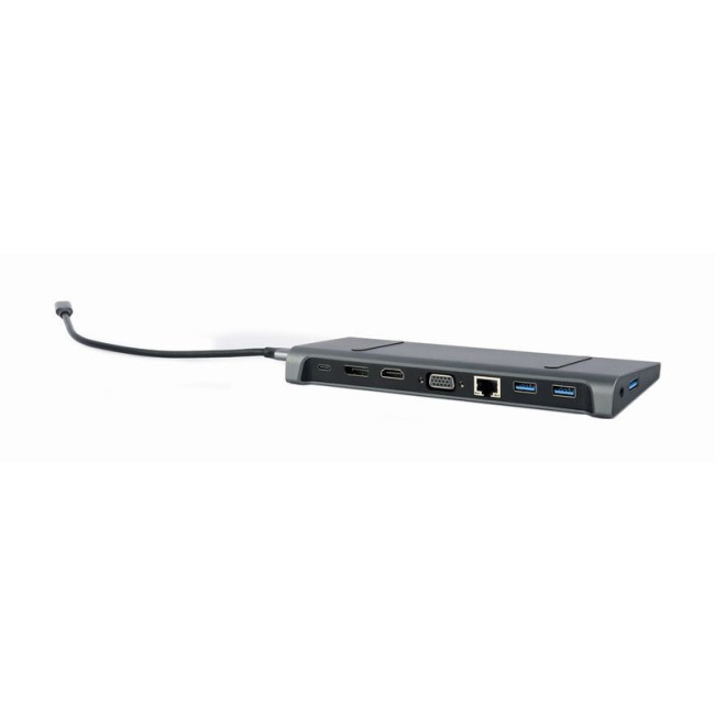 Док станція USB-C 9-в-1 (USB-хаб + HDMI/VGA/DisplayPort/PD/картридер/LAN/3.5-мм аудіо), сірий