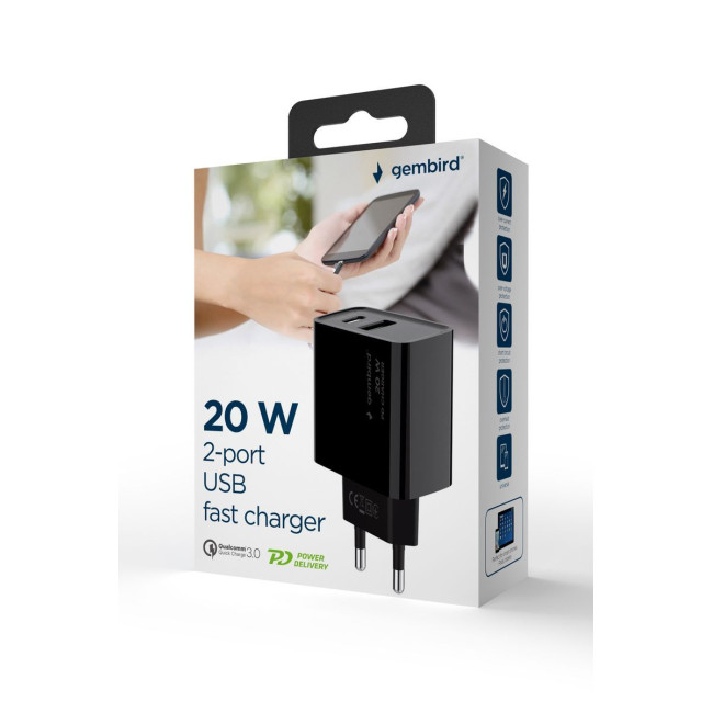 Мережевий ЗП, 1 USB-A + 1 Type-C (PD20Вт + QC3.0 18Вт), чорний