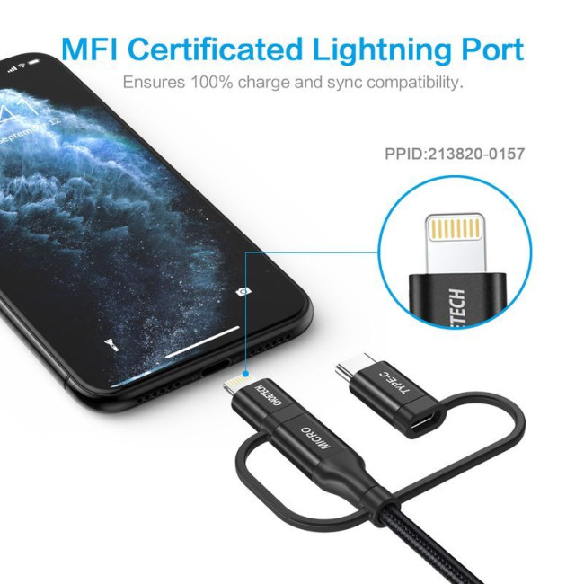 Кабель USB 2.0, MFI, AM-тато/Lightning/Micro/Type-C USB, 1.2 м