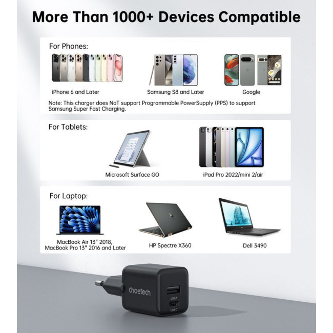 Мережевий зарядний пристрій, USB-A/USB-C, 30Вт, QC3.0/PD/PPS