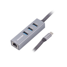 Адаптер, з Type-C на Gigabit Ethernet, 3 Ports USB 3.0, 1000 Mbps, метал, темно-сірий