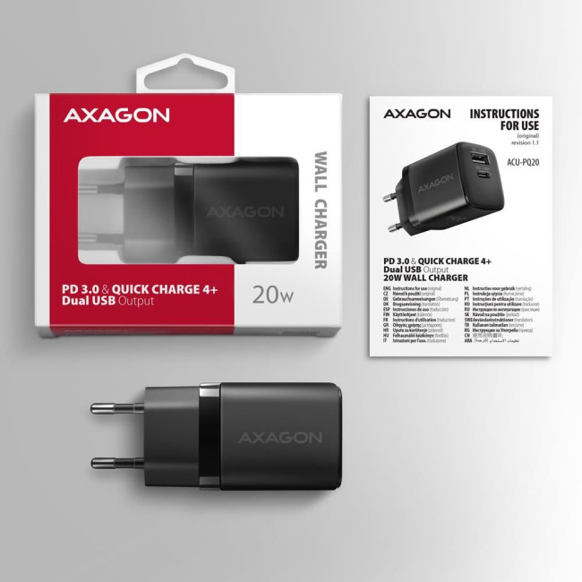 Мережевий зарядний пристрій AXAGON ACU-PQ20, QC3.0/AFC/FCP + PD type-C, 20W, Чорний