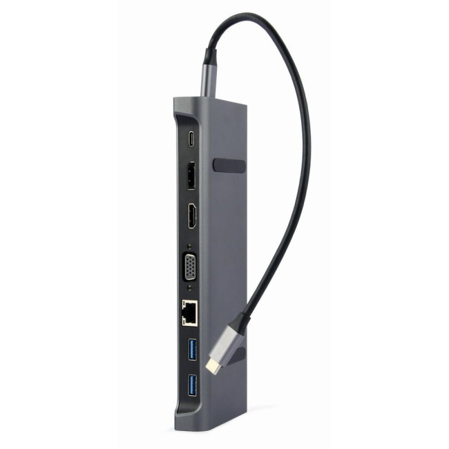 Док станція USB-C 9-в-1 (USB-хаб + HDMI/VGA/DisplayPort/PD/картридер/LAN/3.5-мм аудіо), сірий