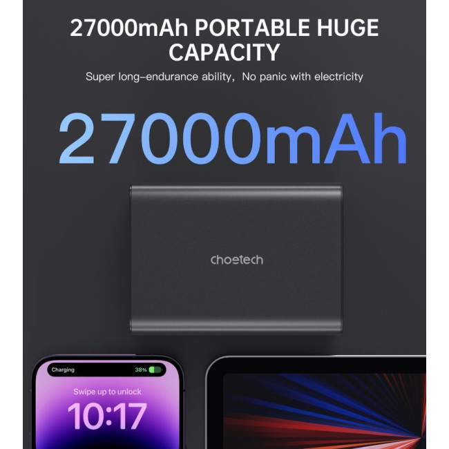 Портативний зарядний пристрій, 27000 mA, QC/PD 222,5 Вт, чорний
