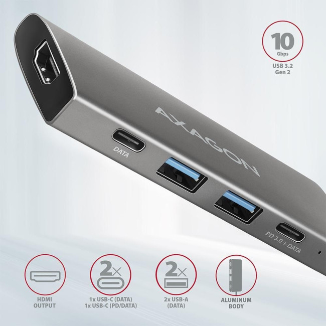 Хаб концентратор AXAGON HMC-5G2 USB-C 10Гбіт/с SPEEDSTER 5in1 hub (rev2.0), Сірий