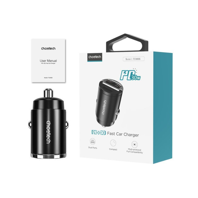 Автомобільний зарядний пристрій, USB-A/USB-C, 30Вт, QC3.0/PD, чорний