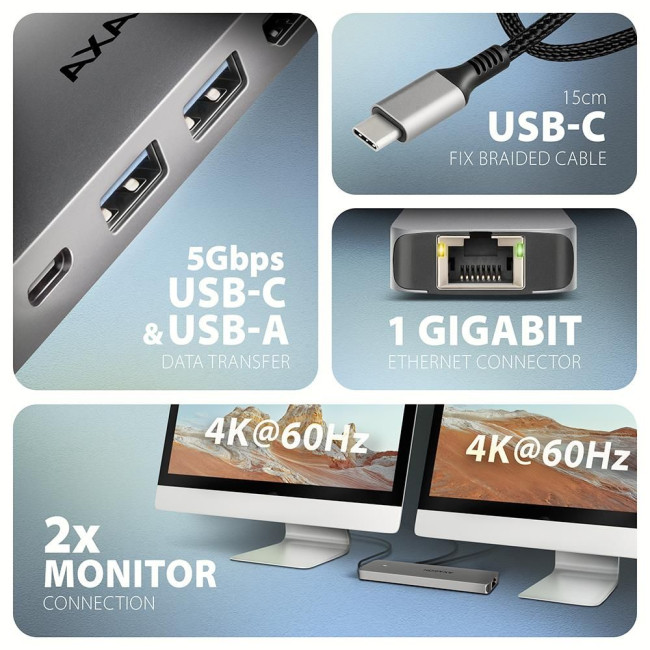 Хаб концентратор AXAGON HMC-8HLSA USB-C 5Гбіт/с 9in1 hub, Сірий
