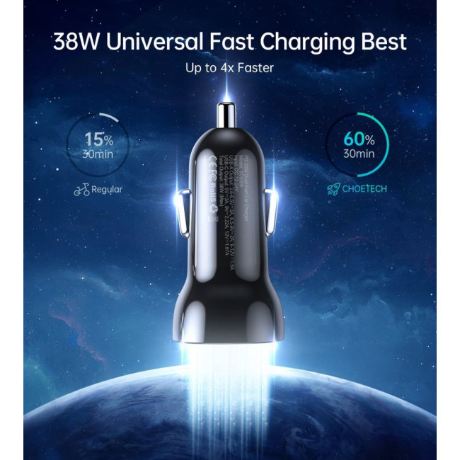 Автомобільний зарядний пристрій, USB-A/USB-C, 20Вт, QC3.0/PD, чорний