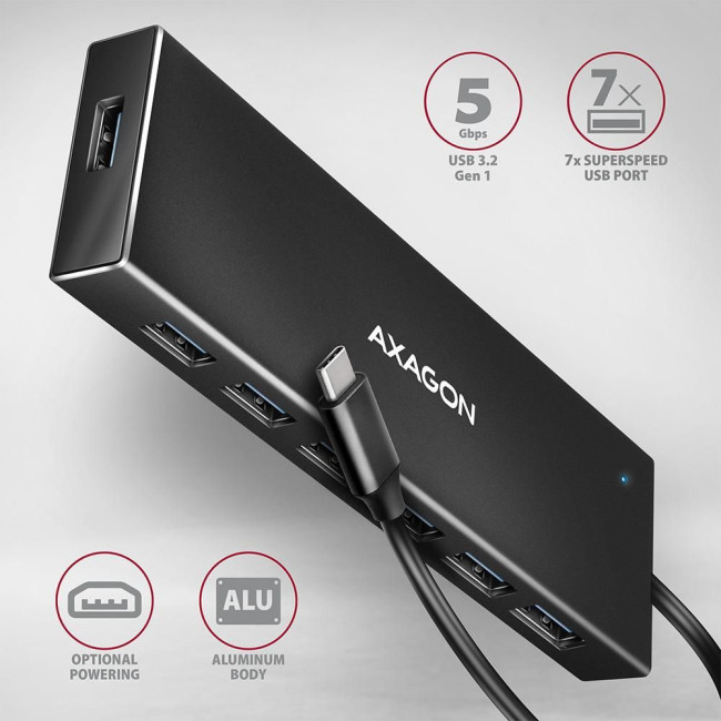 Хаб AXAGON HUE-F7C SuperSpeed USB-C FLAT CHARGING hub, кабель 30см USB-C, Чорний