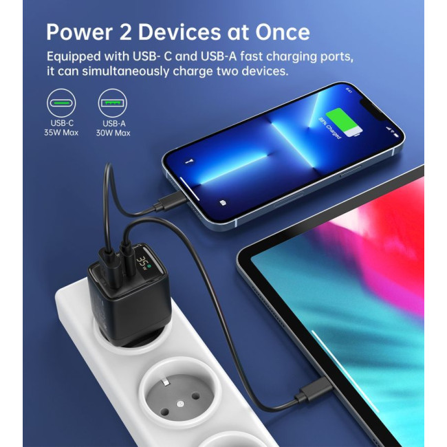 Мережевий зарядний пристрій, GaN, USB-A/USB-C, 35Вт, QC3.0/PD/PPS