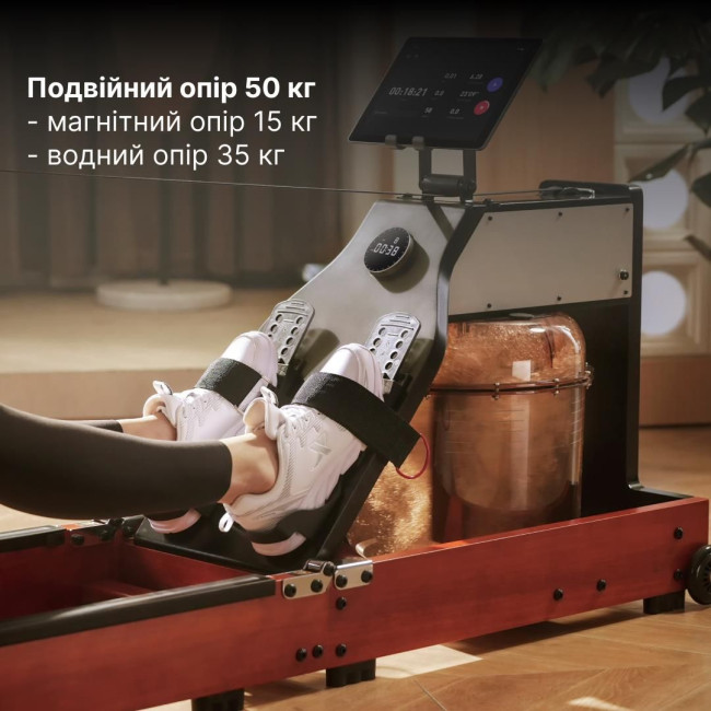 Водний гребний тренажер з магнітним опором та системою потрійного складання KINGSMITH WM10 (RMWM10F) колір чорний горіх