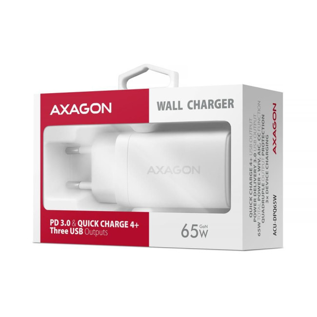Мережевий зарядний пристрій AXAGON ACU-DPQ65W, 3x port (USB + dual USB-C), PD3.0/QC4+/PPS/Apple, 65W, Білий