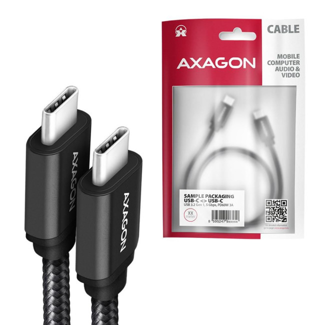 Кабель AXAGON BUCM3-CM10AB USB-C-USB-C 3.2 Gen 1, 1m, PD 60W, 3A, чорний