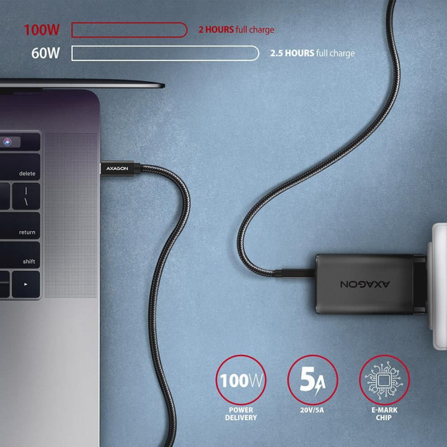 Кабель AXAGON BUCM32-CM20AB USB-C-USB-C 3.2 Gen 2, 2m, PD 100W, 5A, 4K HD, Чорний