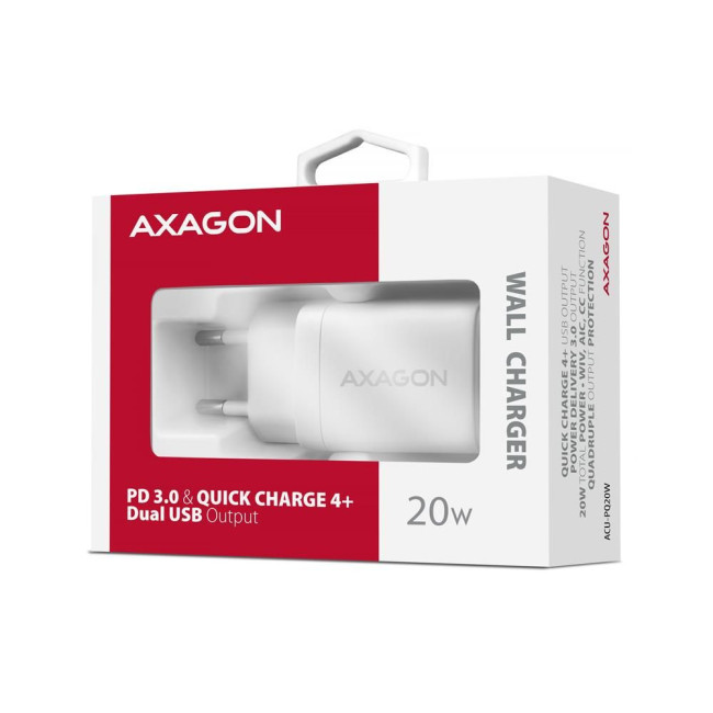 Мережевий зарядний пристрій AXAGON ACU-PQ20W, QC3.0/AFC/FCP + PD type-C, 20W, Білий