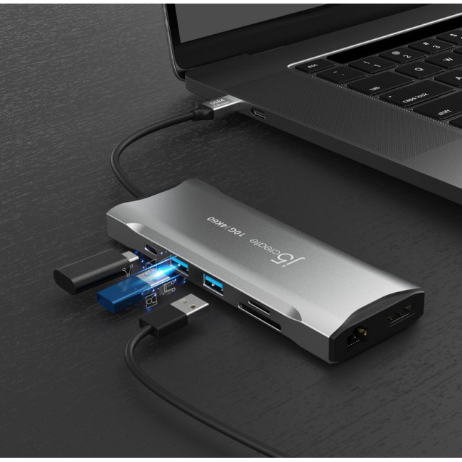 Мультиадаптер USB-C 10Gbps, 9-в-1 (хаб/HDMI/DP/PD/LAN/картридер), сірий