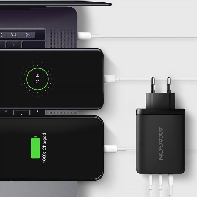 Мережевий зарядний пристрій AXAGON ACU-DPQ100, 3x port (USB + dual USB-C), PD3.0/QC4+/PPS/Apple, 100W, Чорний