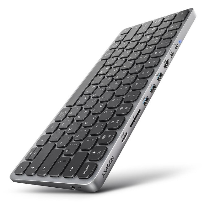 Клавіатура дротова AXAGON HMC-KB USB-C 5Гбіт/с 9в1 hub, EN/UA, Сірий/Чорний