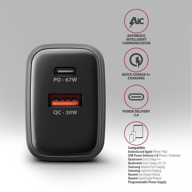 Мережевий зарядний пристрій з дисплеєм AXAGON ACU-PQ67D, 2x port (USB + USB-C), PD3.0/QC4+/PPS/Apple, 67W, сірий