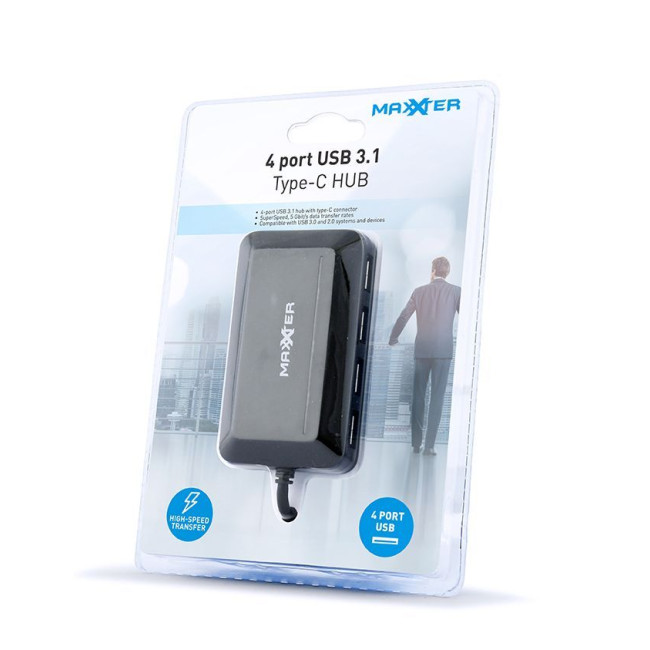 Хаб USB 3.0 Type-С на 4 порти, пластик, чорний
