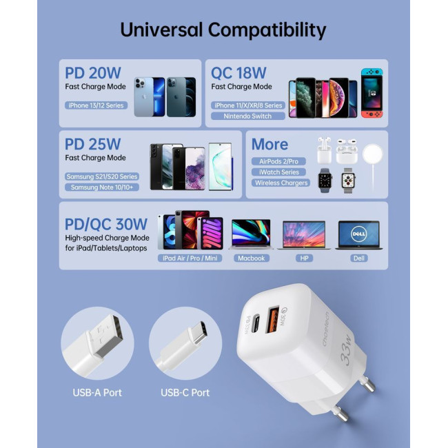 Мережевий зарядний пристрій, GaN, USB-A/USB-C, 33Вт, QC3.0/PD/PPS