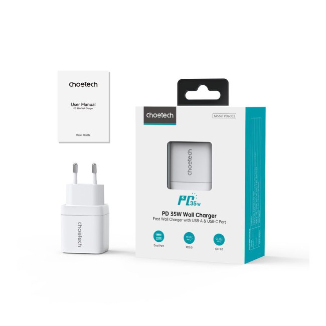 Мережевий зарядний пристрій, GaN, USB-A/USB-C, 35Вт, QC3.0/PD/PPS