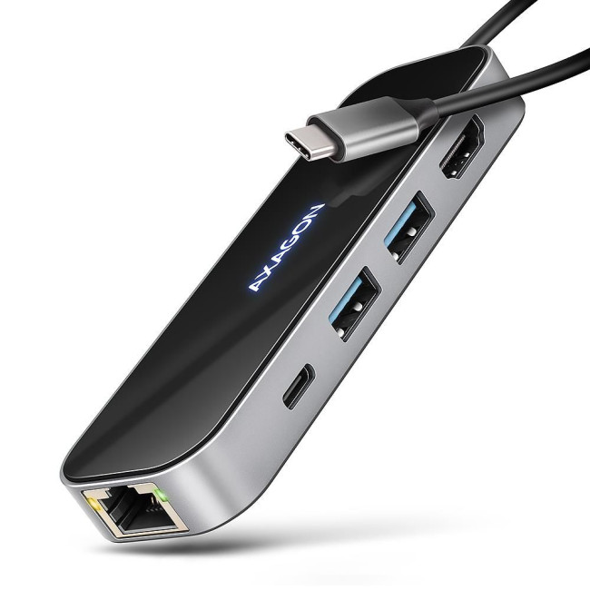 Хаб концентратор AXAGON HMC-6GLN USB-C 5Гбіт/с GLASS 6in1 hub, Чорний/Сірий