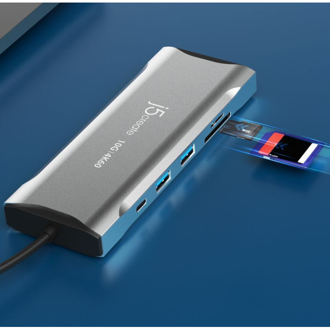Мультиадаптер USB-C 10Gbps, 9-в-1 (хаб/HDMI/DP/PD/LAN/картридер), сірий