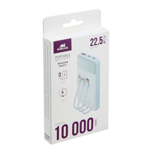 Портативний зарядний пристрій, 10000 mA, QC/PD 22,5 Вт, 3 вбудовані кабелі, білий