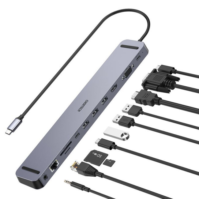 Док станція USB-C 11-в-1 (HDMI/VGA/LAN/картридер/USB-A/USB-C/Audio), алюміній