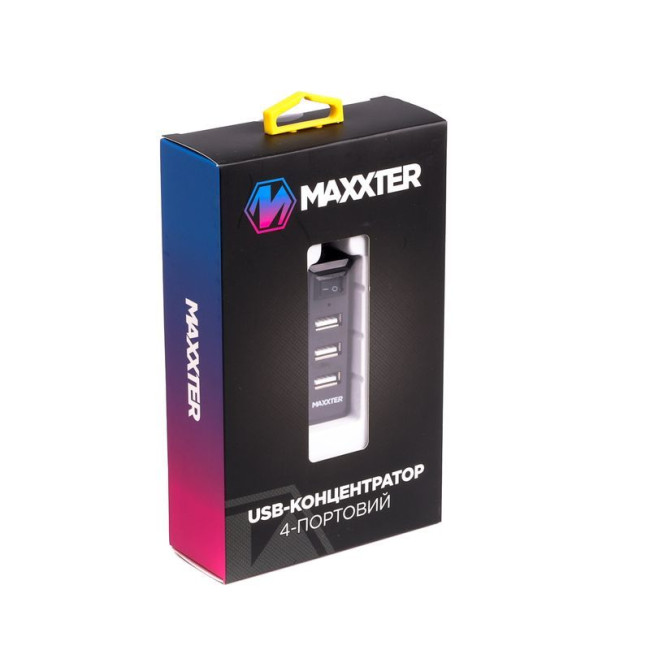 Хаб USB 2.0 Type-A на 4 порти, 5V1A зарядка в комплекті, пластик, чорний
