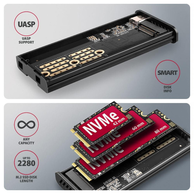 Зовнішній карман для SSD-накопичувачів AXAGON EEM2-SD2 USB-C 10Gbps - M.2 NVMe & SATA SSD DISPLAY box