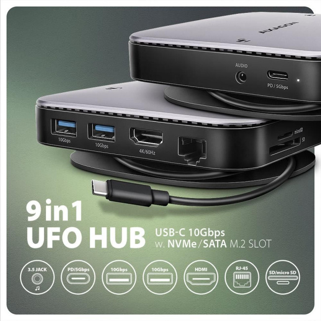 Хаб концентратор AXAGON HMC-UFO USB-C 10Гбіт/с UFO 9in1 hub, Сірий