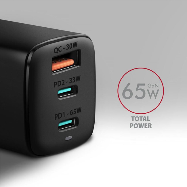 Мережевий зарядний пристрій AXAGON ACU-DPQ65, 3x port (USB + dual USB-C), PD3.0/QC4+/PPS/Apple, 65W, Чорний