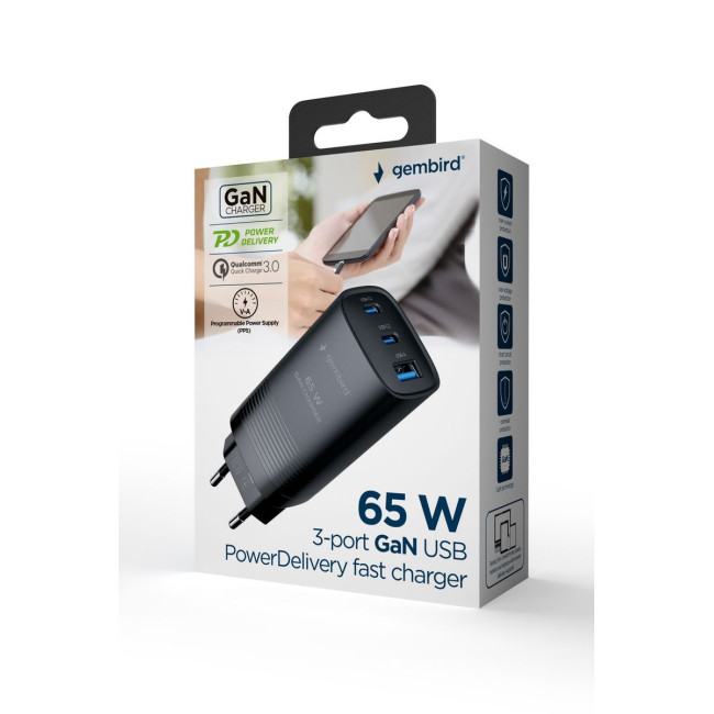 Мережевий ЗП, 1xUSB-A (QC3.0 27W)+2xType-C (PD 65W), чорний