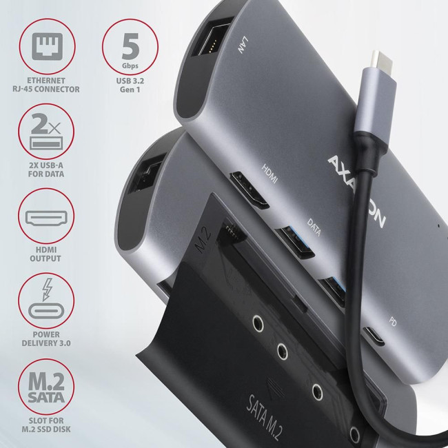 Хаб концентратор AXAGON HMC-7HX2 USB-C 5Гбіт/с DUAL 4K DISPLAY 7in1 hub, Сірий