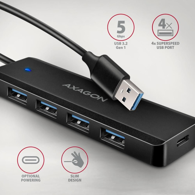 Хаб AXAGON HUE-C1A USB-A 5Гбіт/с TRAVEL hub, 20см Type-A, Чорний