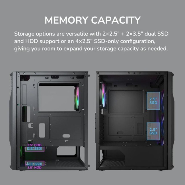 Ігровий корпус, 4*120mm RGB вентилятори передвстановлені, Mini ITX / Micro ATX / ATX, скляне вікно