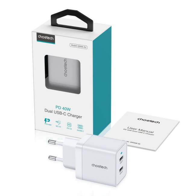 Мережевий зарядний пристрій, 2 USB-C, 40Вт, PD/QC/PPS