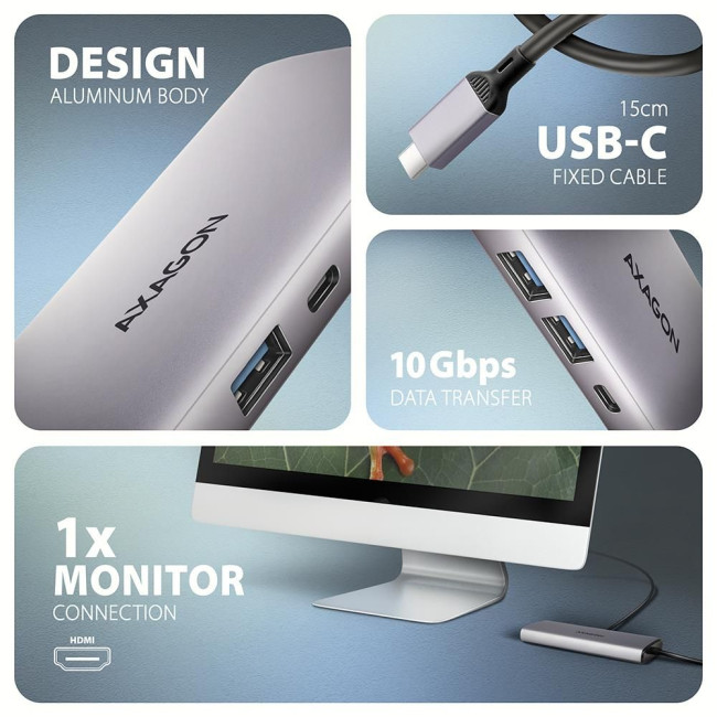 Хаб концентратор AXAGON HMC-6G2L USB-C 10Гбіт/с 6in1 hub, Сірий