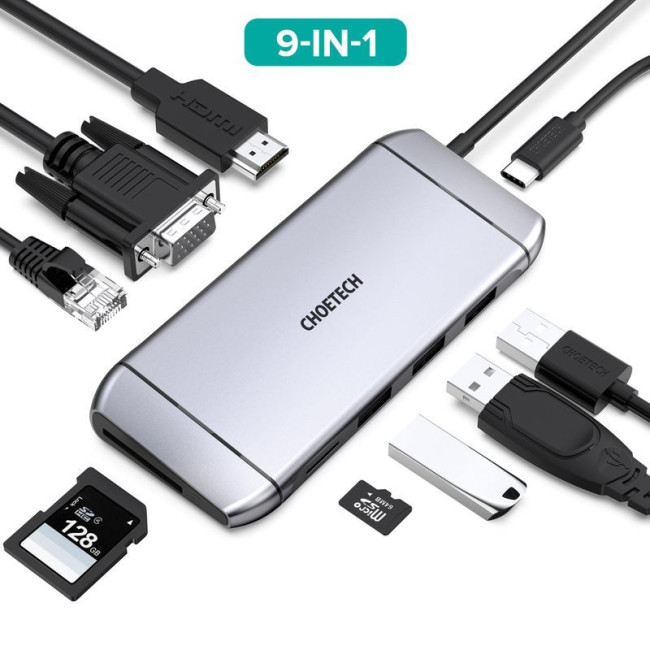 Док станція USB-C 9-в-1 (HDMI/VGA/картридер/LAN/USB-A), алюміній